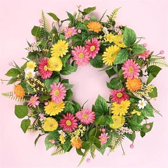 Spring Wreaths for Front Door, 22'' Summer Front Door Wreath with Daisy Flowers - Picture 5 of 7